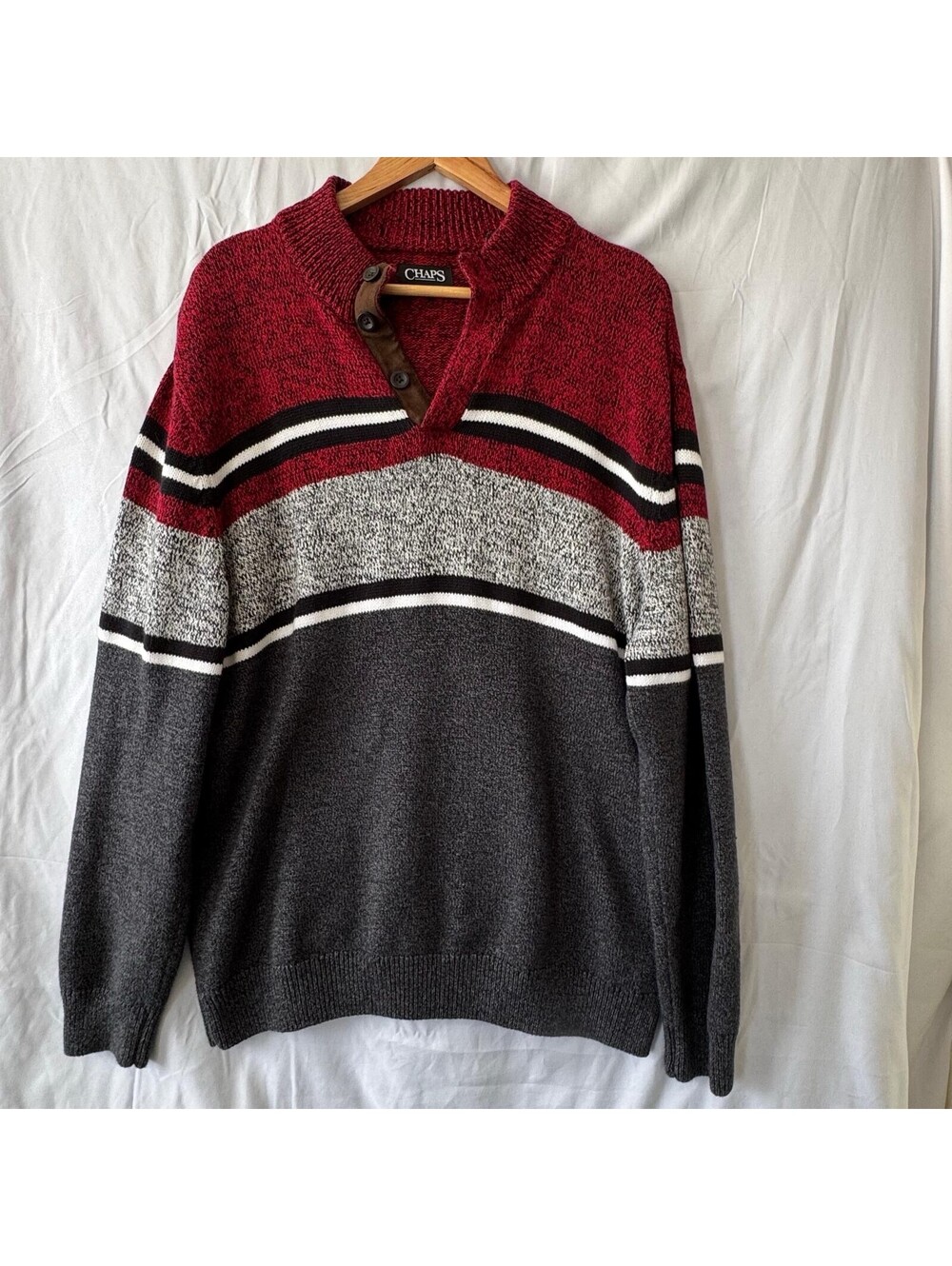 Chaps Sweater XL Red Gray Colorblock Striped Cotton Shawl Collar Pullover